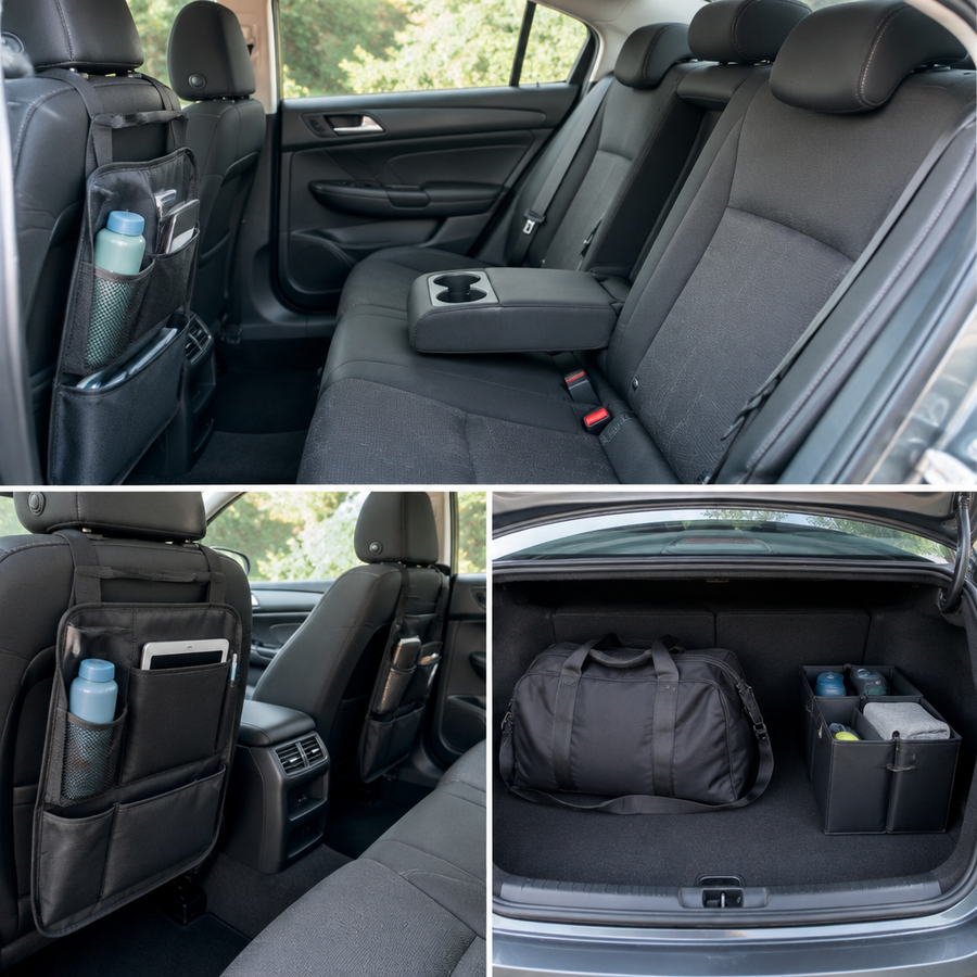 Car back seat and boot with fabric organisers and a bag, shown in three panels