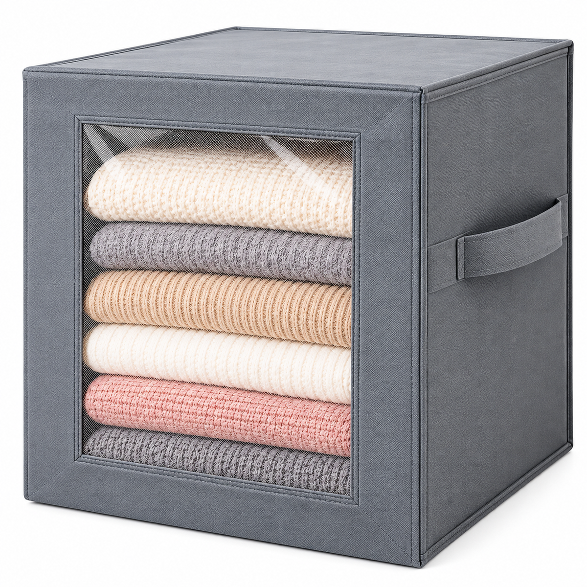 Grey fabric storage box with a transparent front window and side handle, filled with folded knitwear