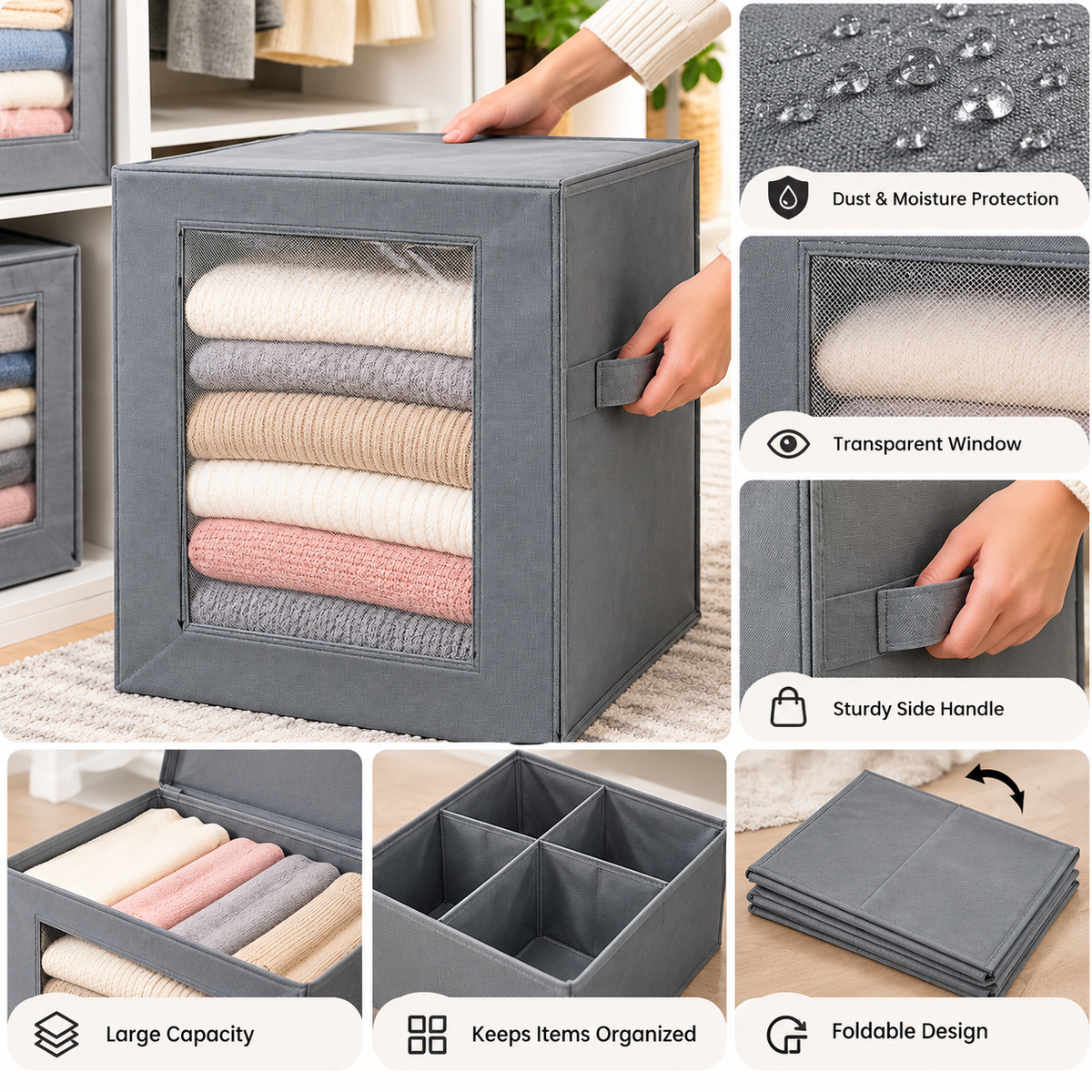 Grey storage box with clear window and feature panels: dust protection, side handle, foldable design