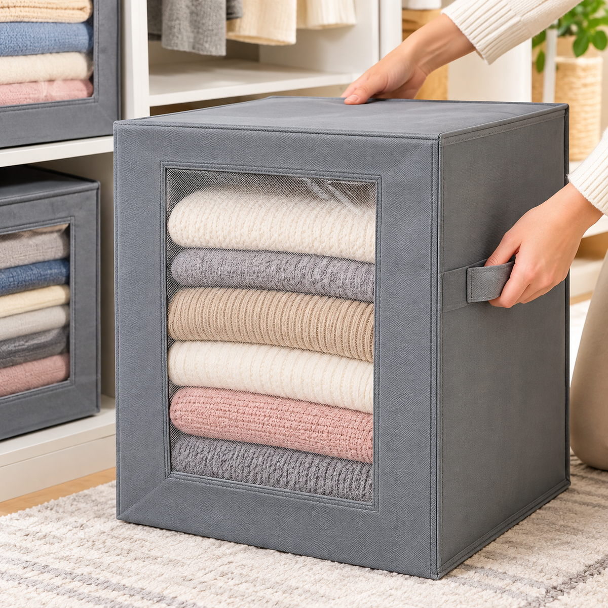 Grey fabric storage box with a clear window holding folded sweaters, a hand on the side handle