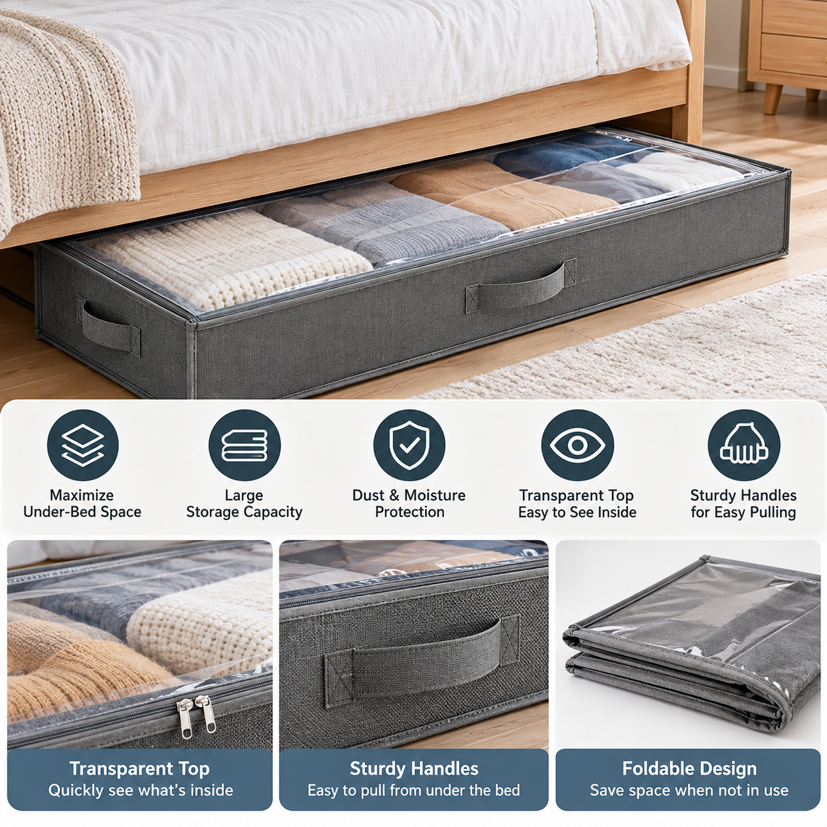 Foldable Under-Bed Storage Organizer with Clear Window and Handles - view 2