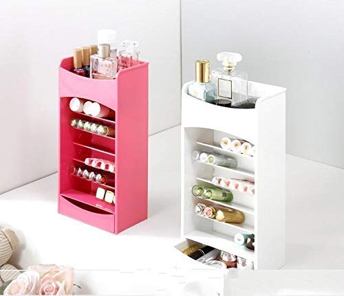 Pink and white tall cosmetic racks with slanted shelves holding lipsticks and perfume bottles