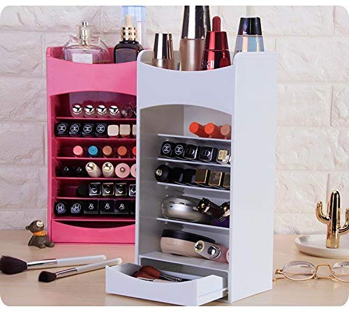 Pink and white cosmetic storage racks holding lipsticks, perfume and makeup brushes