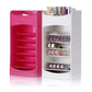 Pink and white cosmetic racks side by side, the pink one empty to show the slanted shelves
