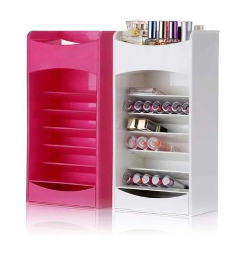 Pink and white cosmetic racks side by side, the pink one empty to show the slanted shelves