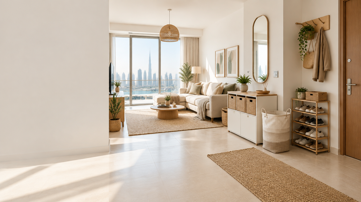 Bright living room with a cream sofa, wicker baskets, a round mirror and wall hooks, with tall buildings visible through the window